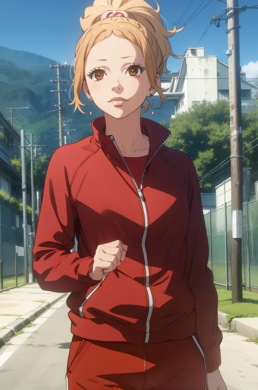 jacket, pants, red jacket, track jacket, red pants, track suit,Azusa_Murasaka, eyelashes, jewelry, earrings, ponytail, short hair
