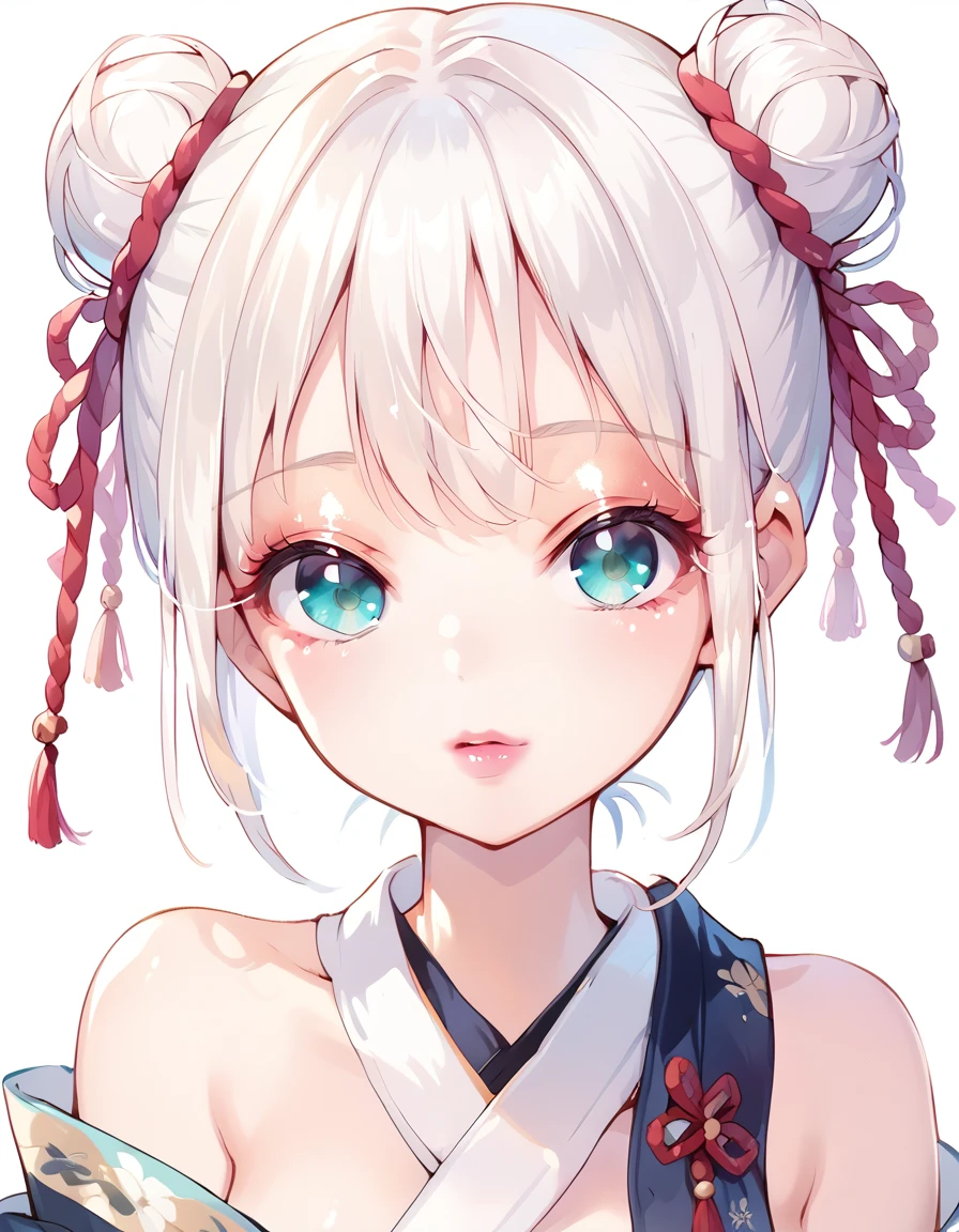 score_9, score_8_up, score_7_up, score_6_up, anime, face close up, a girl, glossy pink lips, shimmering eyeshadow, white hair, buns, japanese clothes, source_anime <lora:makeup_master_pony_v1:1>