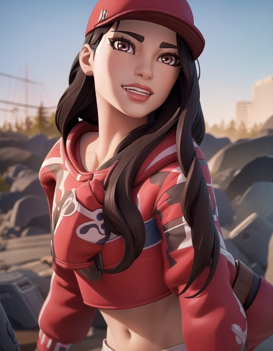 fortniteruby, <lora:fortnite ruby-lora-nochekaiser:1>,
ruby, long hair, black hair, (brown eyes:1.5), lips,
BREAK gloves, hat, shoes, black gloves, midriff, pants, hood, fingerless gloves, hoodie, baseball cap, red headwear, red hoodie,
BREAK outdoors, cityscape,
BREAK looking at viewer, (cowboy shot:1.5), smile,
BREAK <lyco:GoodHands-beta2:1>, (masterpiece:1.2), best quality, high resolution, unity 8k wallpaper, (illustration:0.8), (beautiful detailed eyes:1.6), extremely detailed face, perfect lighting, extremely detailed CG, (perfect hands, perfect anatomy),