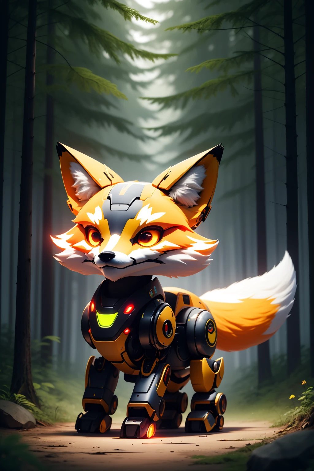 robotzoo, fox mecha, cute,  standing, glowing, looking at viewer, solo, full body <lora:ç»å¨æºç²å¨ç©å­robotzoo_v1.0:0.7>,forest,tree