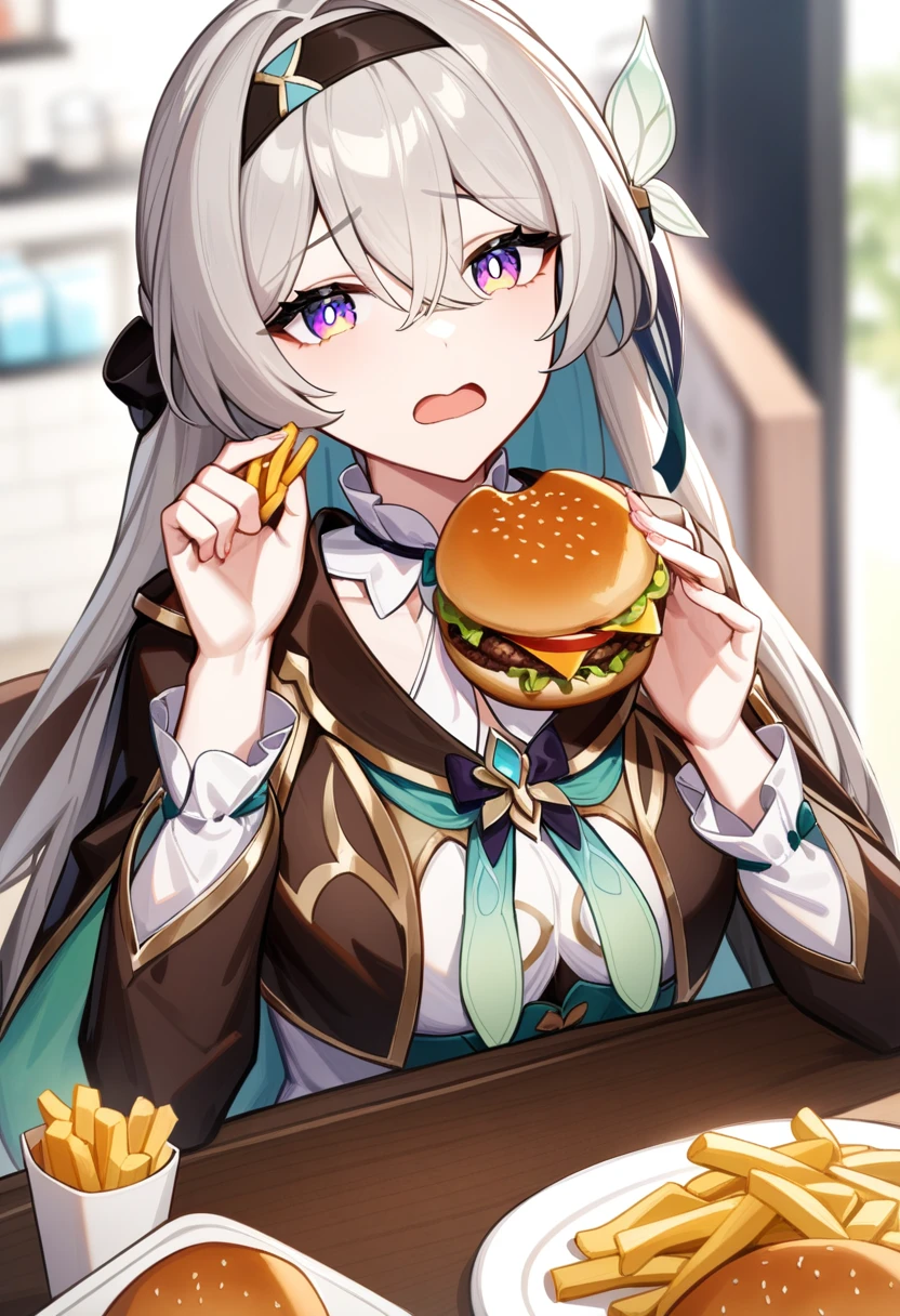 a girl named liuying,liuying,1girl,solo,looking at viewer,holding food,open mouth,black jacket,white shirt,bow,low quality,burger,french fries,table,masterpiece,best quality,(very aesthetic:0),absurdres,<lora:æµè¤a31:1>,grey hair,