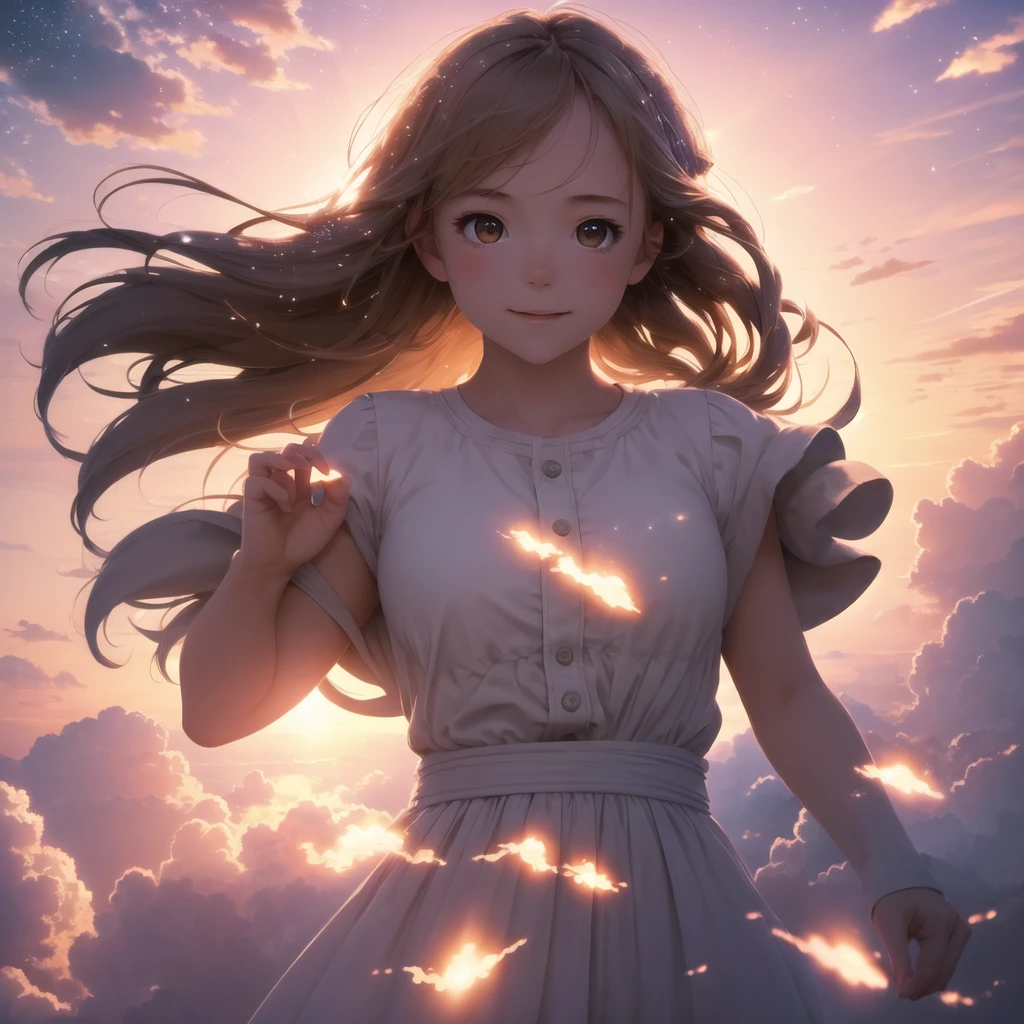 masterpiece, best quality, movie still, 1girl, cloud girl, floating in the sky, close-up, bright, happy, warm soft lighting, sunset, (sparks:0.7), light particles, volumetric lighting