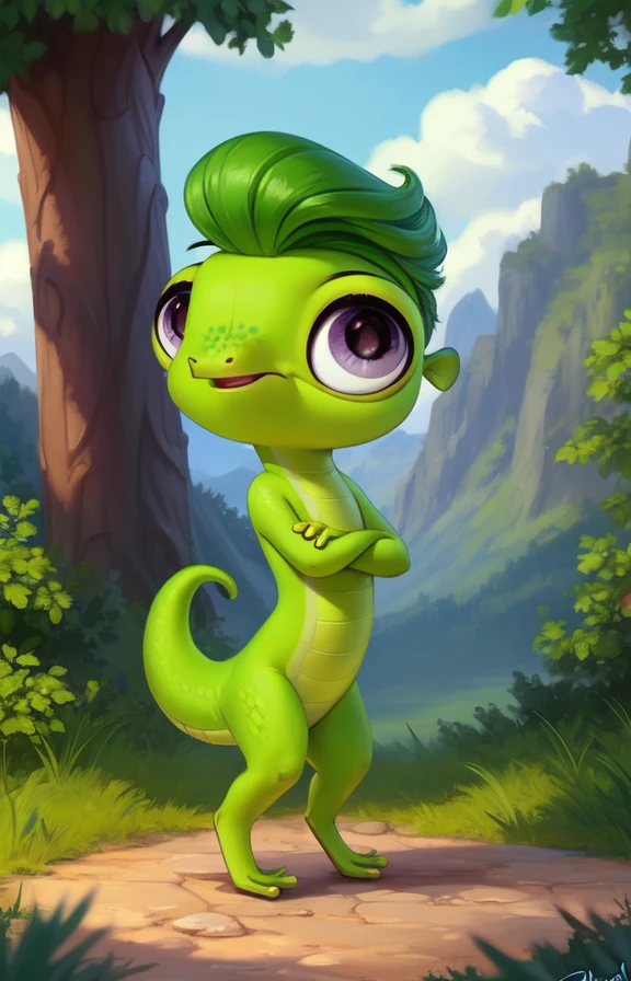 <lora:VinnieTerrioCartoon:0.85> [road, earth, forest, trees, sky, clouds, mountains,]  VinnieTerrioCartoon, Gecko,  green gecko,   purple-gray eyes,
solo,  looking at viewer, to his full height,  (beautiful, aesthetic, perfect, delicate, intricate, masterpiece, )   chibi,  ((scales,)) (kneeling on one leg)
by ulitochka, by taran fiddler, by Silverfox5213, by personalami,