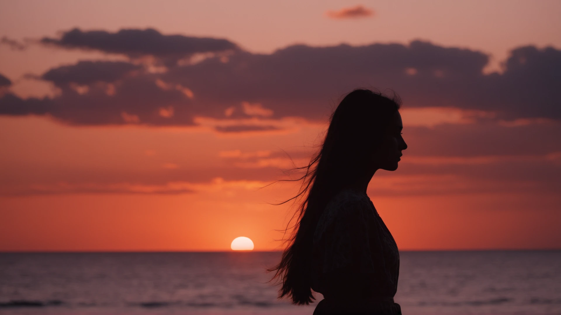 cinematic film still of  <lora:silhouette style:1>
A silhouette photo of a woman standing in front of a red sunset,1girl,solo,long hair,black hair,upper body,outdoors,sky,cloud,blurry,shadow,ocean,sunset,horizon,silhouette,orange sky,red sky different shadow patterns, different shadows, cinematic, filmic, different colors, creative cinematography, covered in shadow, perfect shadow, detailed shadow, detailed background, detailed environment, award winning cinematography, casting shadow, film contrast, film saturation, high quality, 8k, silhouette style, shallow depth of field, vignette, highly detailed, high budget, bokeh, cinemascope, moody, epic, gorgeous, film grain, grainy