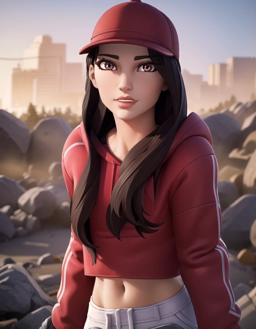 fortniteruby, <lora:fortnite ruby-lora-nochekaiser:1>,
ruby, long hair, black hair, (brown eyes:1.5), lips,
BREAK gloves, hat, shoes, black gloves, midriff, pants, hood, fingerless gloves, hoodie, baseball cap, red headwear, red hoodie,
BREAK outdoors, cityscape,
BREAK (cowboy shot:1.5),
BREAK <lyco:GoodHands-beta2:1>, (masterpiece:1.2), best quality, high resolution, unity 8k wallpaper, (illustration:0.8), (beautiful detailed eyes:1.6), extremely detailed face, perfect lighting, extremely detailed CG, (perfect hands, perfect anatomy),