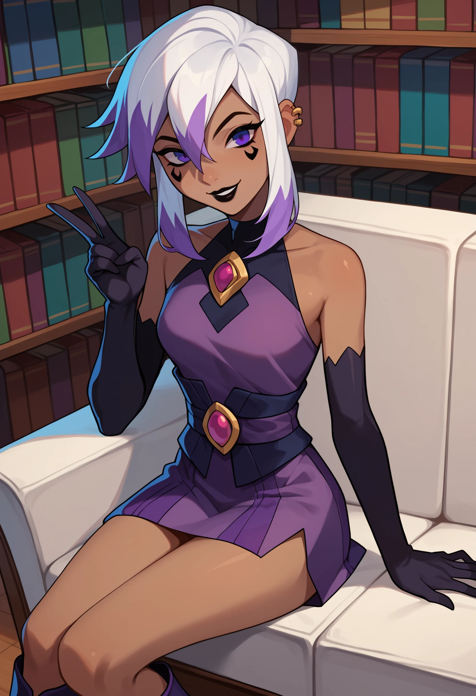 score_9, score_8_up, score_7_up, score_6_up, score_5_up, score_4_up,
1girl, solo, Charmcaster, multicolored hair, purple eyes, white hair, two-tone hair, purple hair, dark skin, dark-skinned female, facial mark, black lips, looking at viewer, library, smile, sitting on sofa, purple dress, elbow gloves, sleeveless, waist-sash, black tights, boots, v,
<lora:Charmcaster_XL:1>