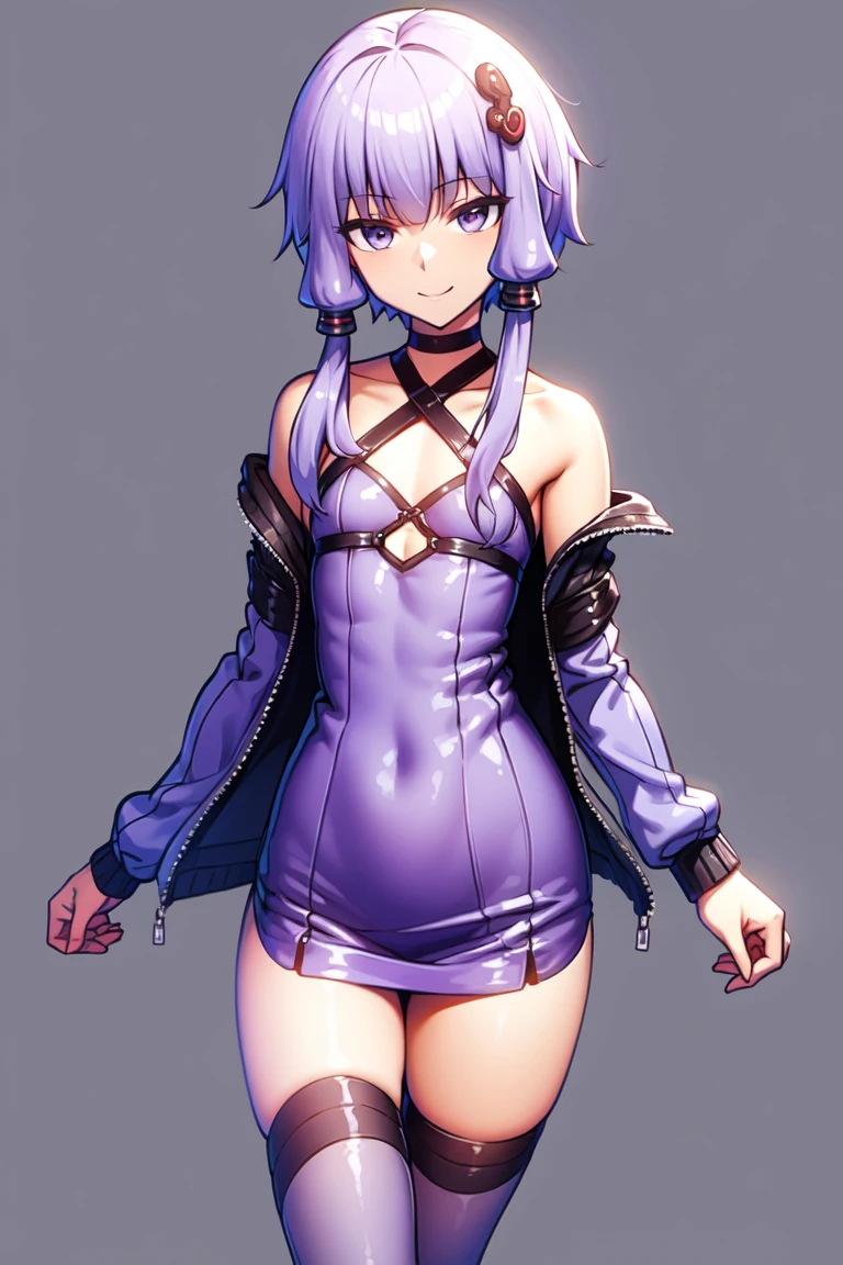 <lora:Nichi_Yuzuki_Yukari_V01:1>yuzuki yukari, flat chest , 
((hair ornament)), short hair with long locks, purple hair, hair censor, purple eyes, 
((purple dress)), ((open jacket)), hooded jacket, long sleeves, purple thighhighs, shoes, detached sleeves, criss-cross halter, 
cowboy shot, solo , simple backgraund,
smile,
(masterpiece), (best quality), (ultra detailed),