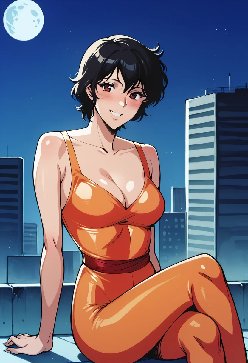 score_9, score_8_up, score_7_up, score_6_up, score_5_up, source_anime, uncensored, csr style, BREAK, 1girl, fa1_k1s, orange_catsuit_red_belt, a girl is sitting on edge of rooftop, crossed legs, cowboy shot, looking at viewer, smile, blush, thighs, shiny, skin tight, outdoors, night, on rooftop, floor, sky, moon, neon lights