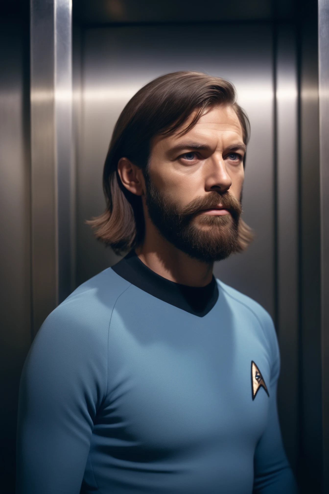 man with a beard and long hair in a blue startrektos,in an old elevator,
masterpiece, best quality, soft light, bokeh, real shadow, cinematic, subsurface scuttering <lora:TOSXL-000040:0.8>