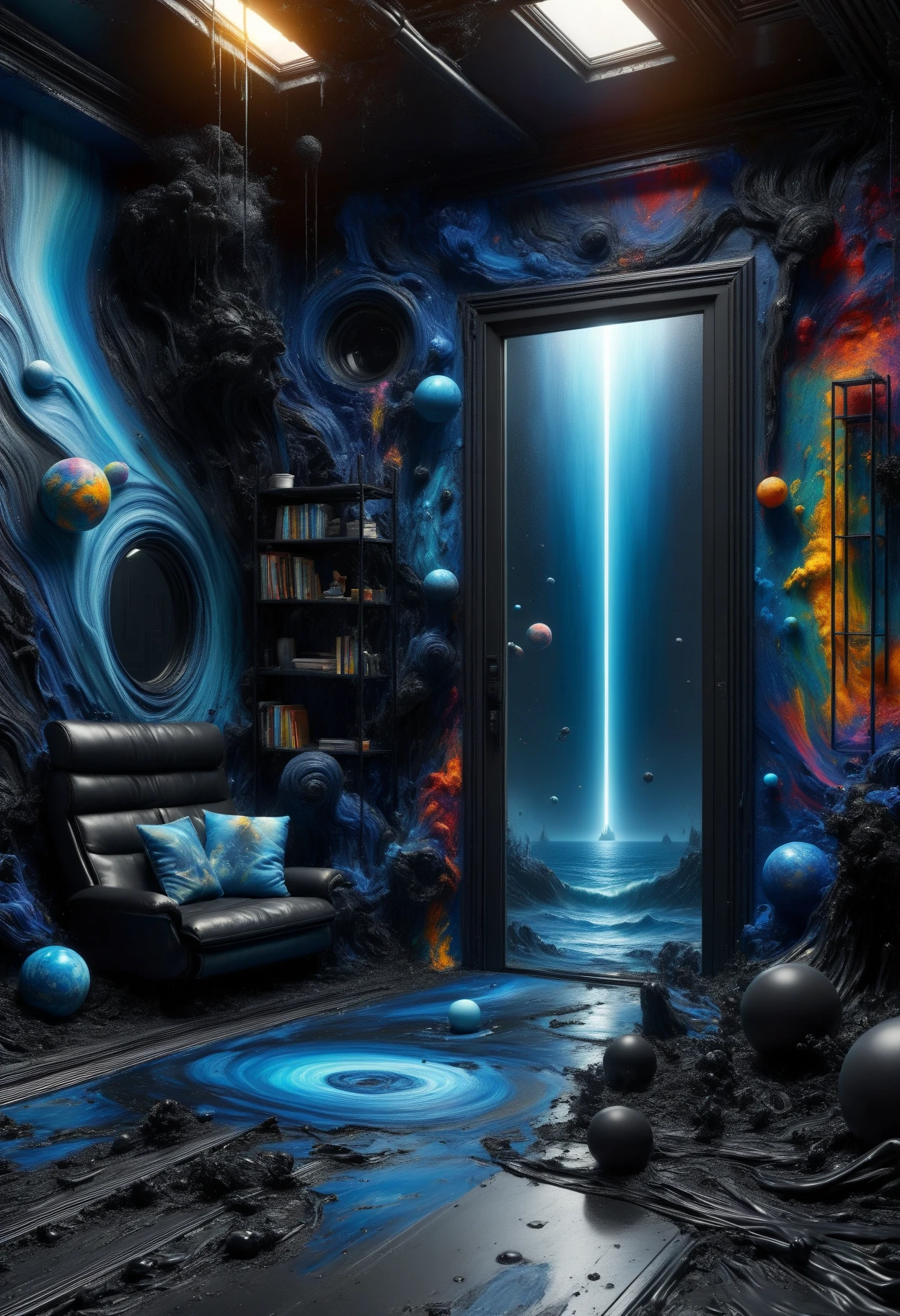 DonMP41n717Bl4ckXL hyper detailed masterpiece, dynamic realistic digital art, awesome quality,blue naval base,nautical base,mystical cosmic_void light shaft,mind control, uncommon,commitment,bubbly,waiting areas,productivity,maintenance,vaporous,deathly,incineration, vibrant colours, black paint <lora:DonMP41n717Bl4ckXL-000008:1>