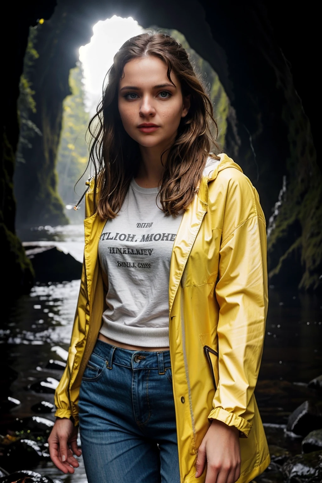 long shot scenic professional photograph of <lora:l1sav1car1_ot_v1:0.85>,cinematic half-body photo of a young serious l1sav1car1,wet hair,in a dark cave,(wearing yellow rain jacket:1.1),horror movie,dramatic light,smoked,4k, trending on Netflix,HDR, Fujifilm XT3,, perfect viewpoint, highly detailed, wide-angle lens, hyper realistic, with dramatic sky, polarizing filter, natural lighting, vivid colors, everything in sharp focus, HDR, UHD, 64K