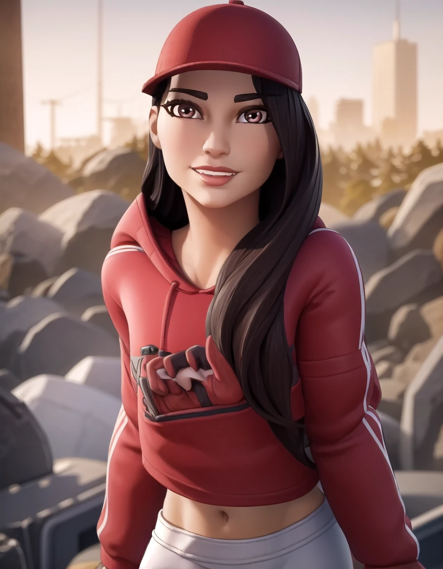 fortniteruby, <lora:fortnite ruby-lora-nochekaiser:1>,
ruby, long hair, black hair, (brown eyes:1.5), lips,
BREAK gloves, hat, shoes, black gloves, midriff, pants, hood, fingerless gloves, hoodie, baseball cap, red headwear, red hoodie,
BREAK outdoors, cityscape,
BREAK looking at viewer, (cowboy shot:1.5), smile,
BREAK <lyco:GoodHands-beta2:1>, (masterpiece:1.2), best quality, high resolution, unity 8k wallpaper, (illustration:0.8), (beautiful detailed eyes:1.6), extremely detailed face, perfect lighting, extremely detailed CG, (perfect hands, perfect anatomy),