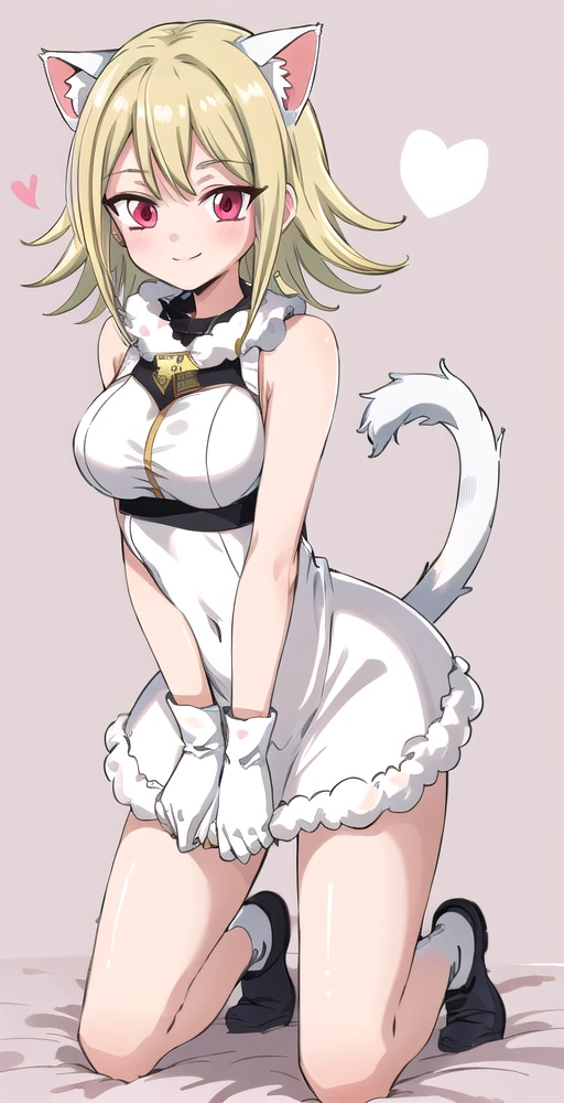 GG, 1girl, solo, blonde,  (white fluffy cat mascot body costume), smile, heart background, kneeling,  fluffy tail, perfect quality, good quality, masterpiece, HDR, UHD <lora:Gagaga Girl-000004:0.7>