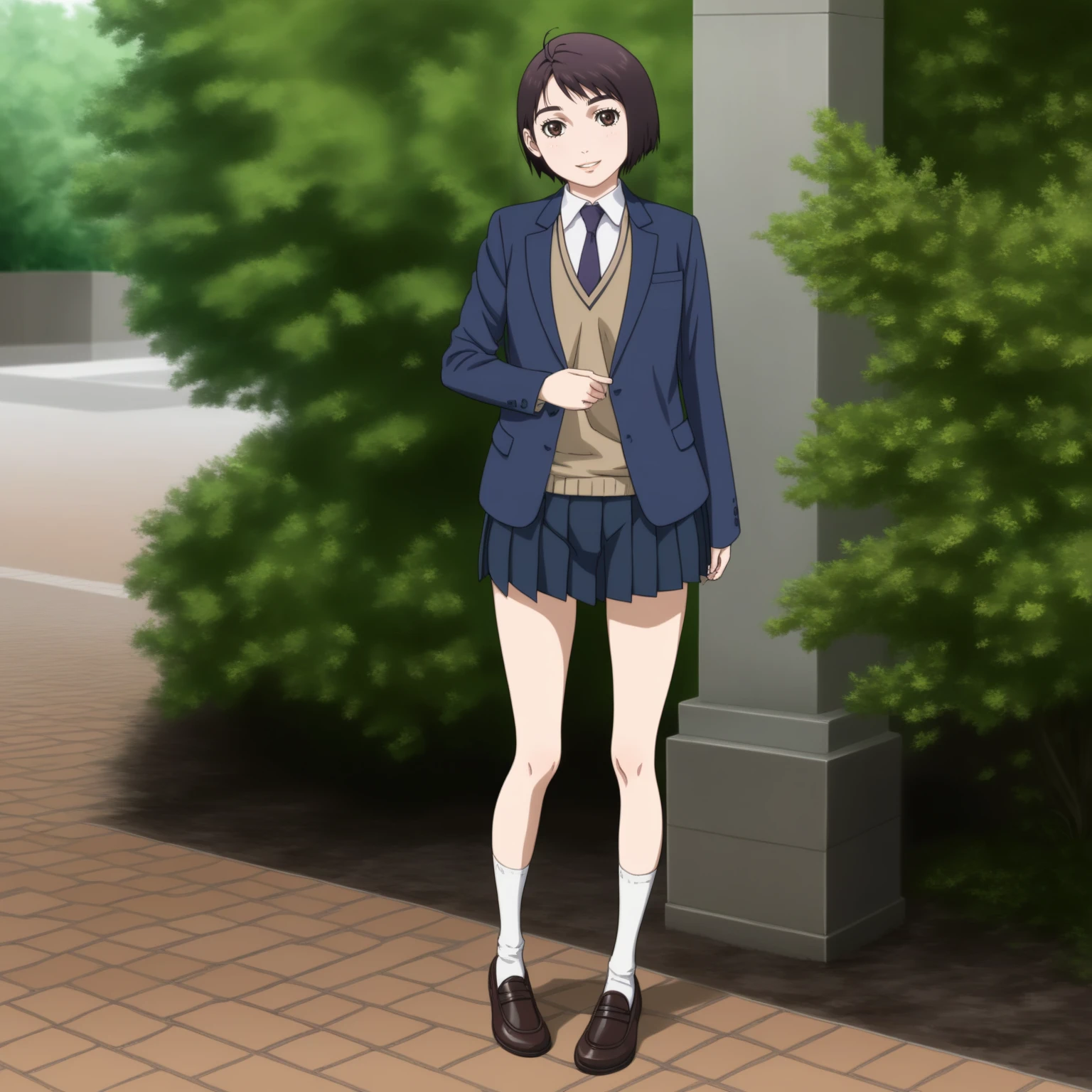 <lora:RenSaionjiXLpony001>,looking at viewer,smile,parted lips,
solo,
RenSaionji,1girl,
school uniform,blazer,collared shirt,necktie,sweater,
pleated skirt,
socks,shoes,
full body,standing,