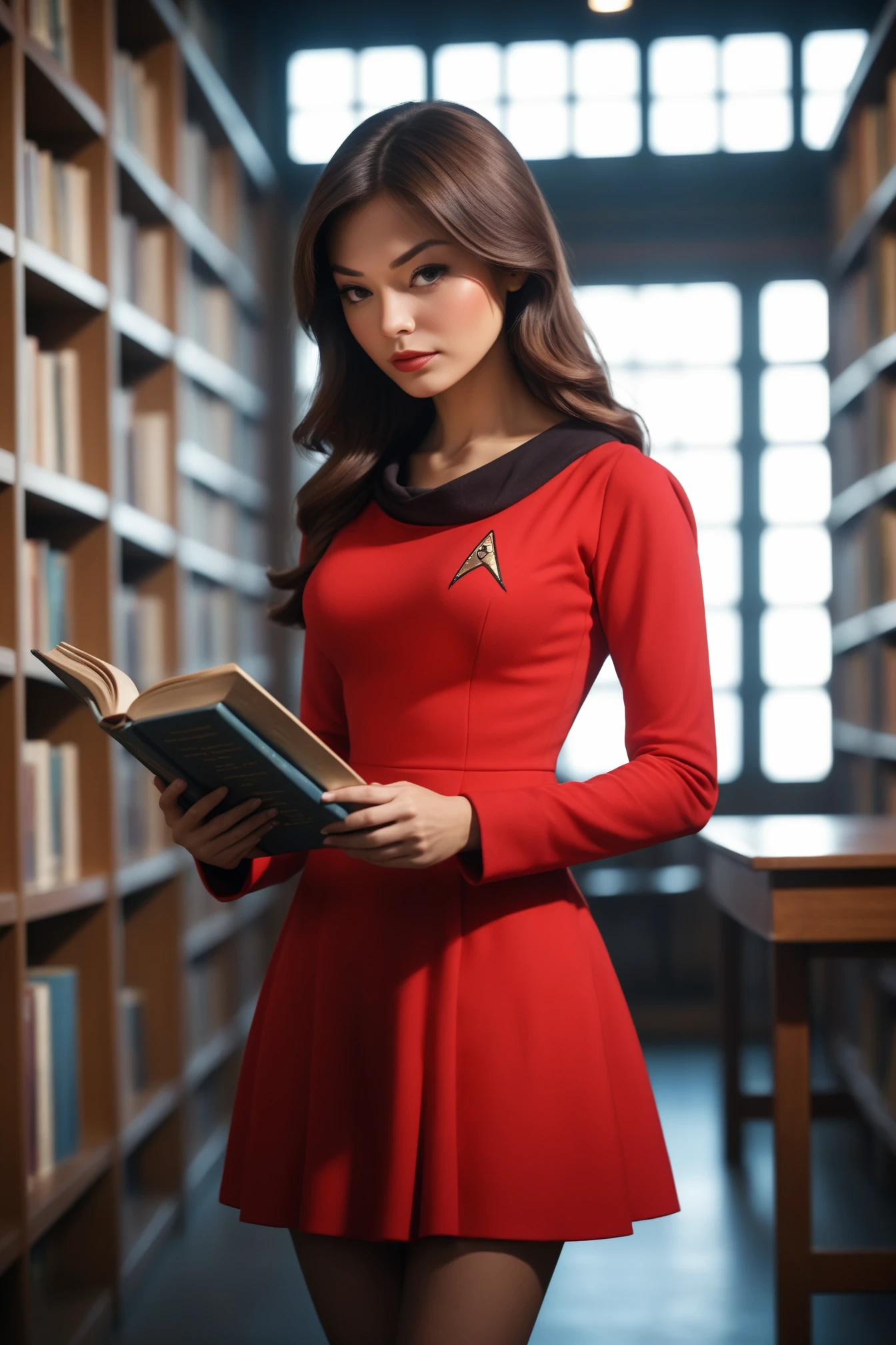 woman in a red startrektos dress,long sleeves, in a library,taking a book,
masterpiece, best quality, soft light, bokeh, real shadow, cinematic, subsurface scuttering <lora:TOSXL-000040:0.8>