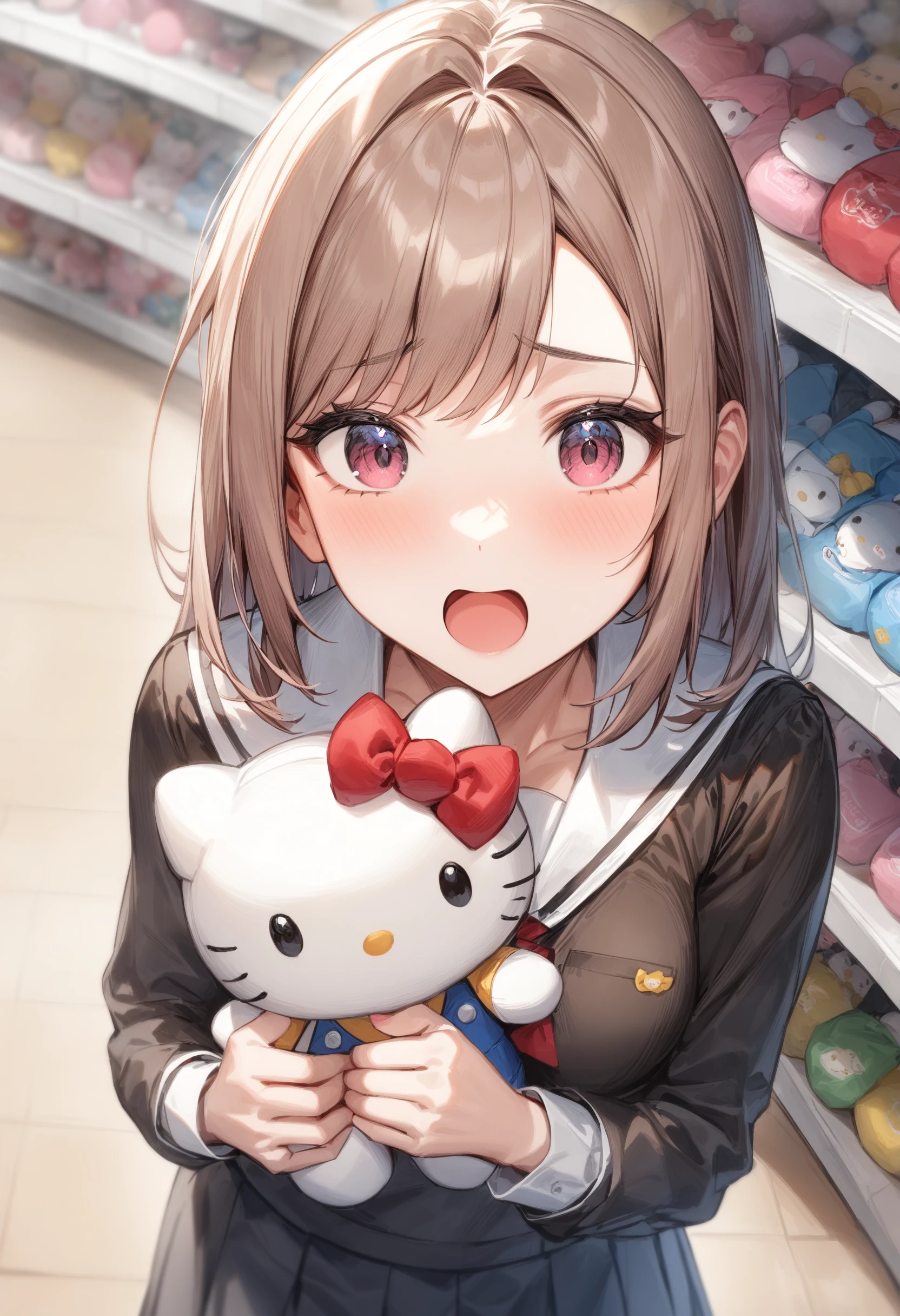 1girl, <lora:sdxl2-flat2-512b:-1>,medium breasts,school uniform,
hello kitty, stuffed toy, holding,holding stuffed toy,<lora:hellokitty_XL_v1:0.7>
from above, portrait, looking ahead, naughty, shopping center, open mouth,
masterpiece, best quality, very aesthetic, absurdres