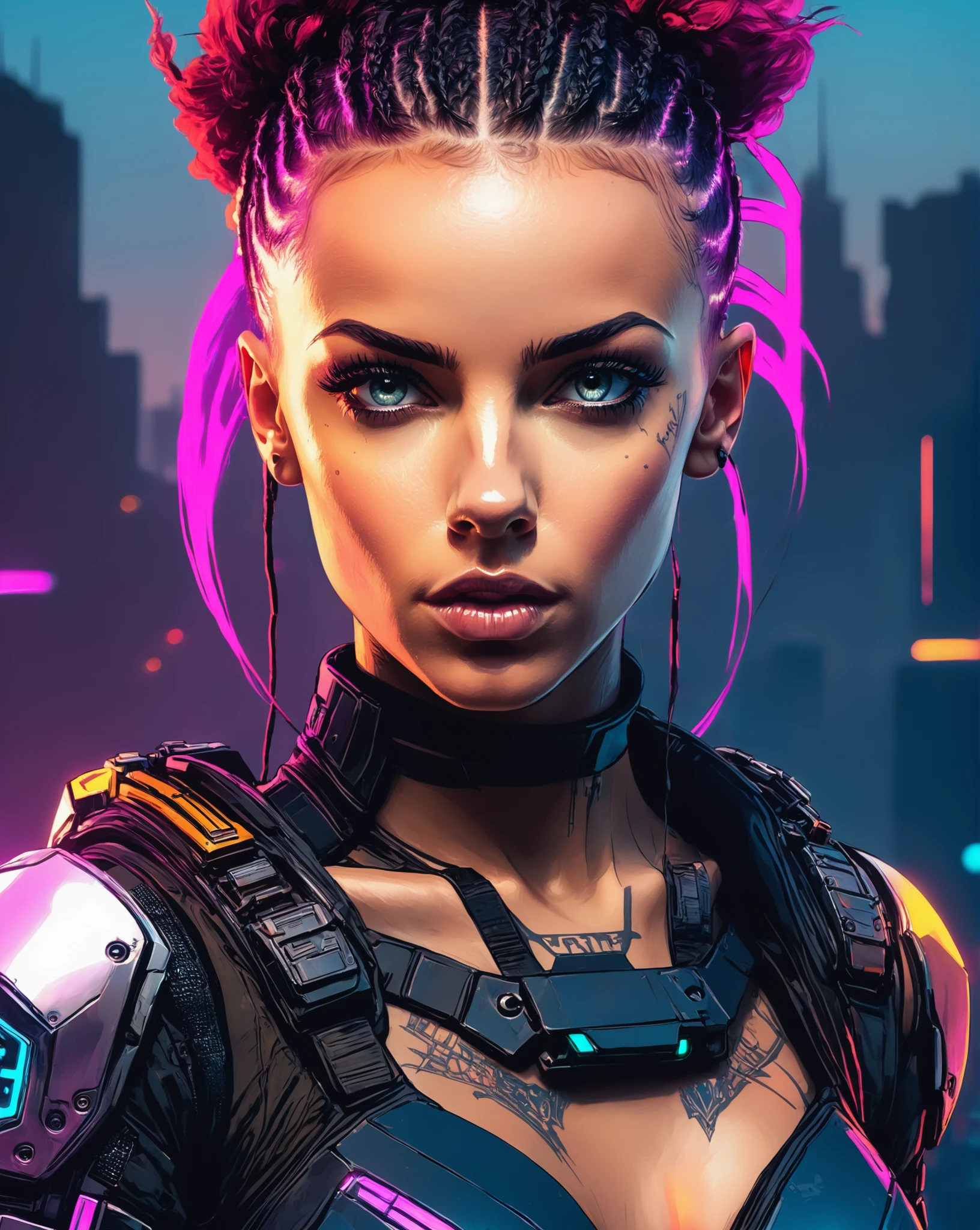 close-up portrait sketch of a sexy cyberpunk woman, cinematic, cinematic color grading, backlit, at sunset, dark moody lighting, <lora:Halcyon Cyberpunk Style:0.7>, sharp focus