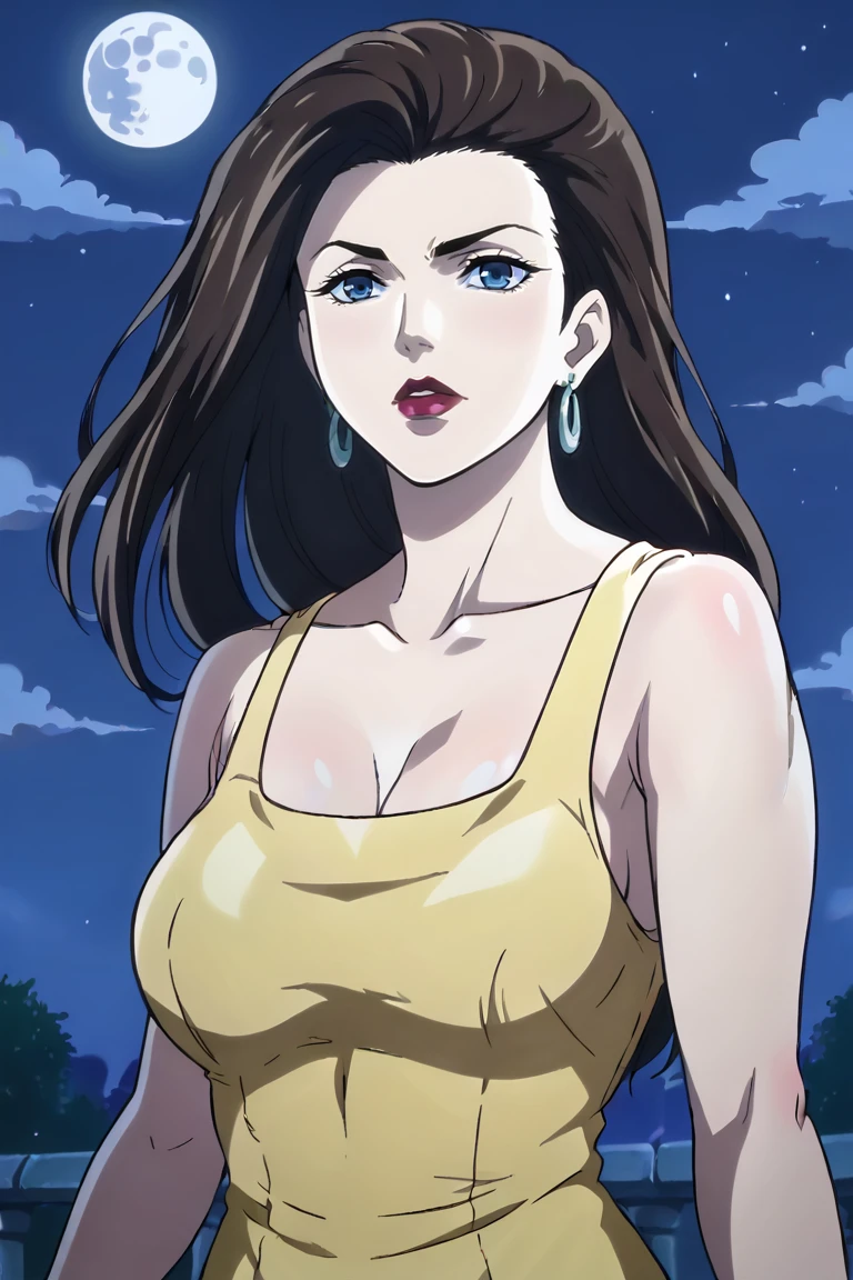 female focus, blue eyes, red lips, lisalisa, score_9, score_8_up, score_7_up, score_6_up, 1girl, solo, earrings, mature female, medium breasts, clevage, detailed, outdoors, night, moon, yellow dress<lora:EMS-337714-EMS:1.000000>, <lora:EMS-342777-EMS:0.800000>