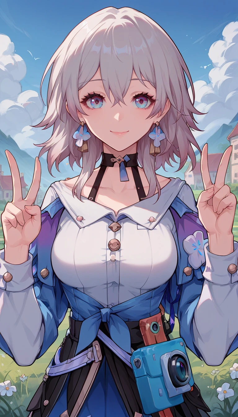 score_9, score_8_up, score_7_up, 1girl,  <lora:march7th_pdxl:1>  march7th, upper body, choker, long sleeves, skirt, earrings, blue jacket, camera, smile, large breasts, double v, houses in background, grass, blue sky