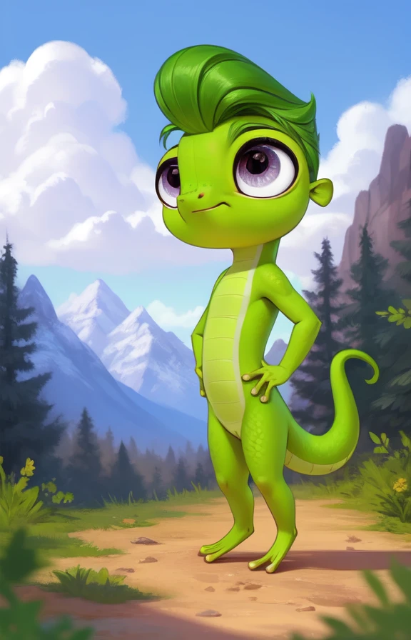 <lora:VinnieTerrioCartoon:0.85> [road, earth, forest, trees, sky, clouds, mountains,]  VinnieTerrioCartoon, Gecko,  green gecko,   purple-gray eyes,
solo,  looking at viewer, to his full height,  (beautiful, aesthetic, perfect, delicate, intricate, masterpiece, )   chibi,  ((scales,)) (Hands on hips, standing,)
by ulitochka, by taran fiddler, by Silverfox5213, by personalami,