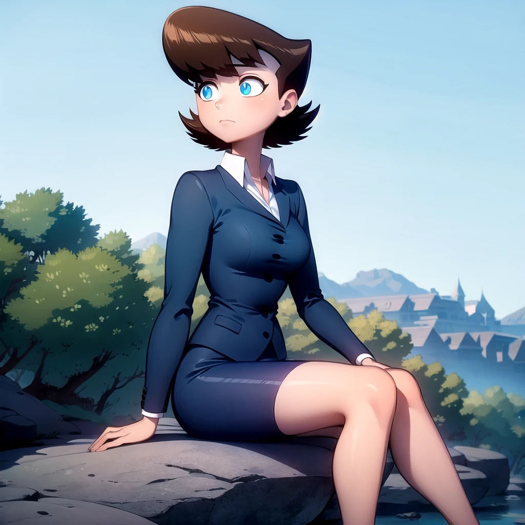 solo, 1girl,  Lila test, brown hair, short hair, blue eyes, blue suit, formal, blue suit, pencil skirt,   <lora:Lila_Test_Leaf3:0.8>, cowboy shot, sitting, sitting on rock