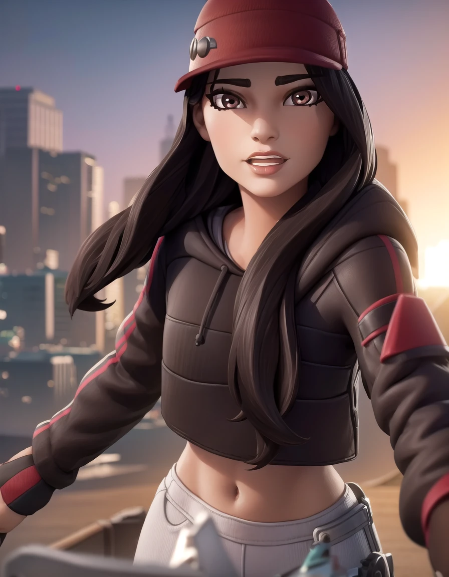 fortniteruby, <lora:fortnite ruby-lora-nochekaiser:1>,
ruby, long hair, black hair, (brown eyes:1.5), lips,
BREAK gloves, hat, shoes, black gloves, midriff, pants, hood, fingerless gloves, hoodie, baseball cap, red headwear, red hoodie,
BREAK outdoors, cityscape,
BREAK (cowboy shot:1.5),
BREAK <lyco:GoodHands-beta2:1>, (masterpiece:1.2), best quality, high resolution, unity 8k wallpaper, (illustration:0.8), (beautiful detailed eyes:1.6), extremely detailed face, perfect lighting, extremely detailed CG, (perfect hands, perfect anatomy),