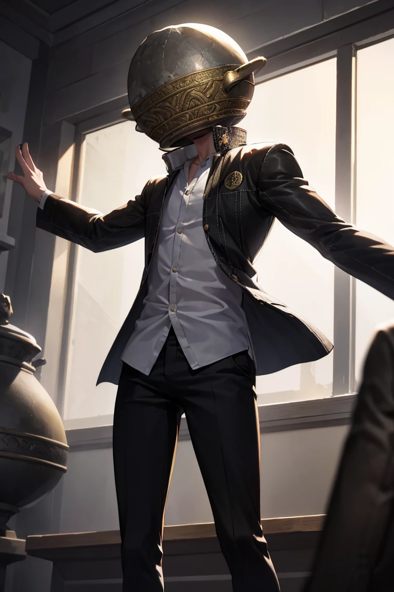 masterpiece, best quality, absurdres, 1boy, solo, LetMeSoloHer, pot helmet, YasogamiMaleUniform, black jacket, dress shirt, black pants, indoors, <lora:CONCEPT-YasogamiSchoolUniform:1>, <lora:LetMeSoloHer:1>