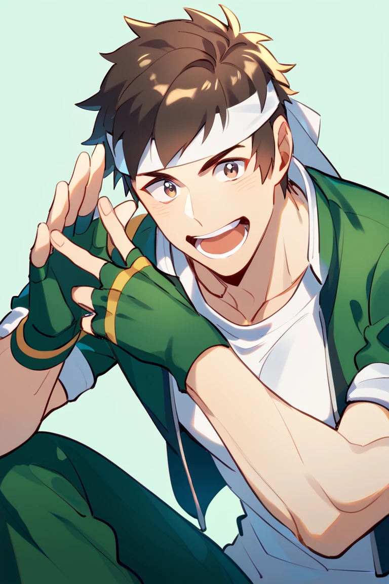 score_9, score_8_up, score_7_up, score_6_up, score_5_up, score_4_up, cute face, year 2023, shingo, yabuki, brown hair, brown eyes, headband, greenjacket, white t-shirt, fingerless gloves, open jacket, green pants, amazing quality, best aesthetic, absurdres<lora:EMS-342688-EMS:1.000000>