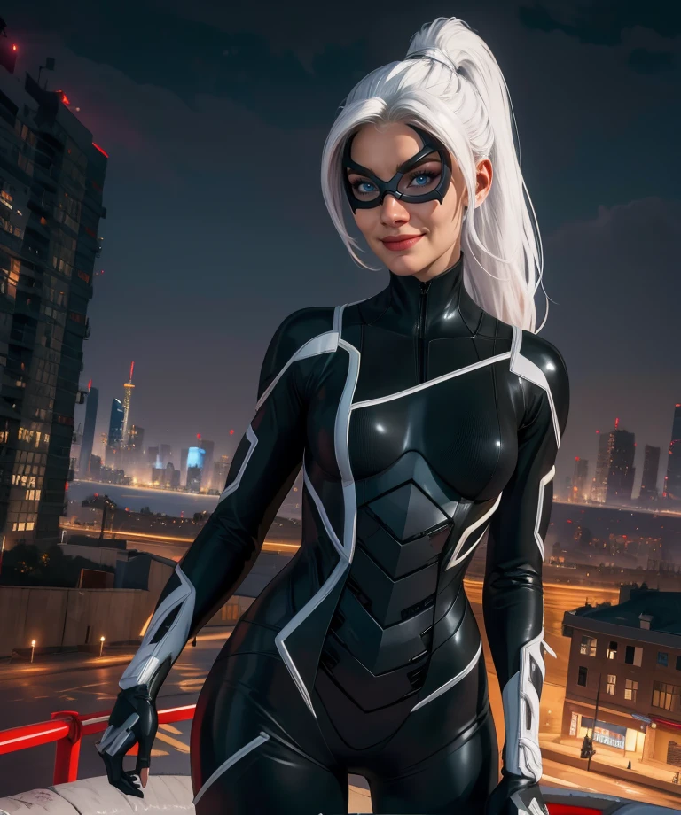 felicia,white hair,ponytail,blue eyes,
black bodysuit,domino mask,light smile,looking at viewer,
night,cityscape,
(insanely detailed, masterpiece, best quality),<lora:blackcat:0.8>,