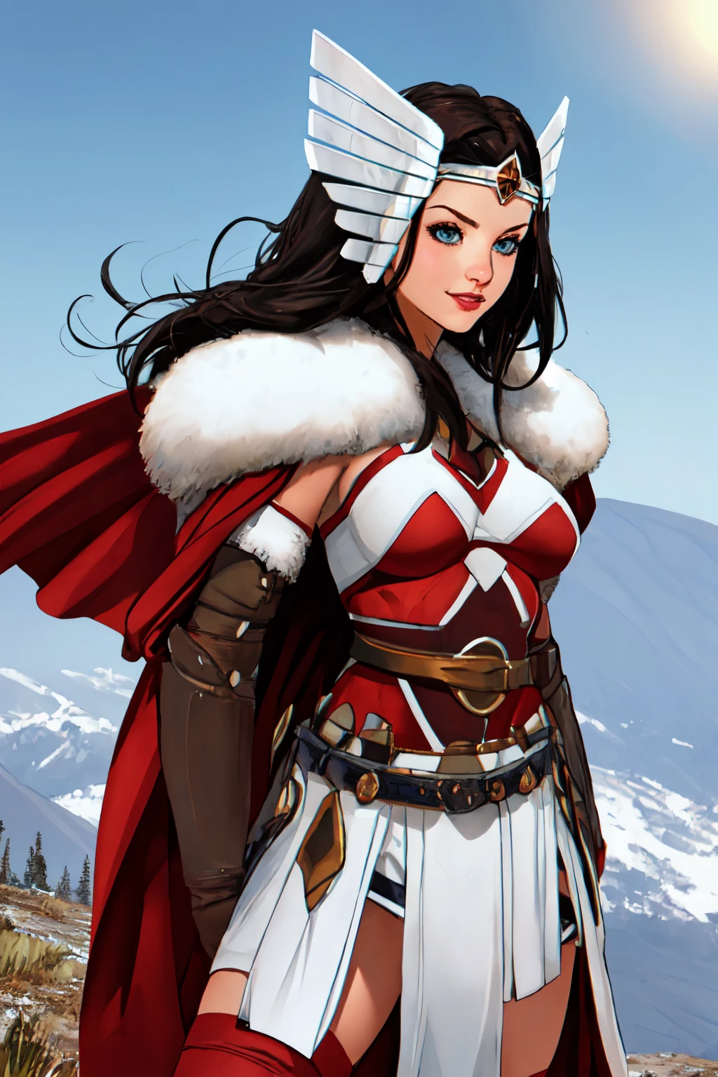 beautiful eyes, beautiful girl, high detail skin, high detail eyes, high detail hair, highres, ultra detailed, sharpen picture, Highly detailed, masterpiece, best quality, photorealistic,
<lora:sifLoRA:0.8> 1girl, long hair, makeup, forehead protector, fur shoulders, elbow gloves, winged helmet, winged hair ornament, cape, breastplate, belt, skirt, thighhighs, cleverage, on a mountain, sun rise, smile