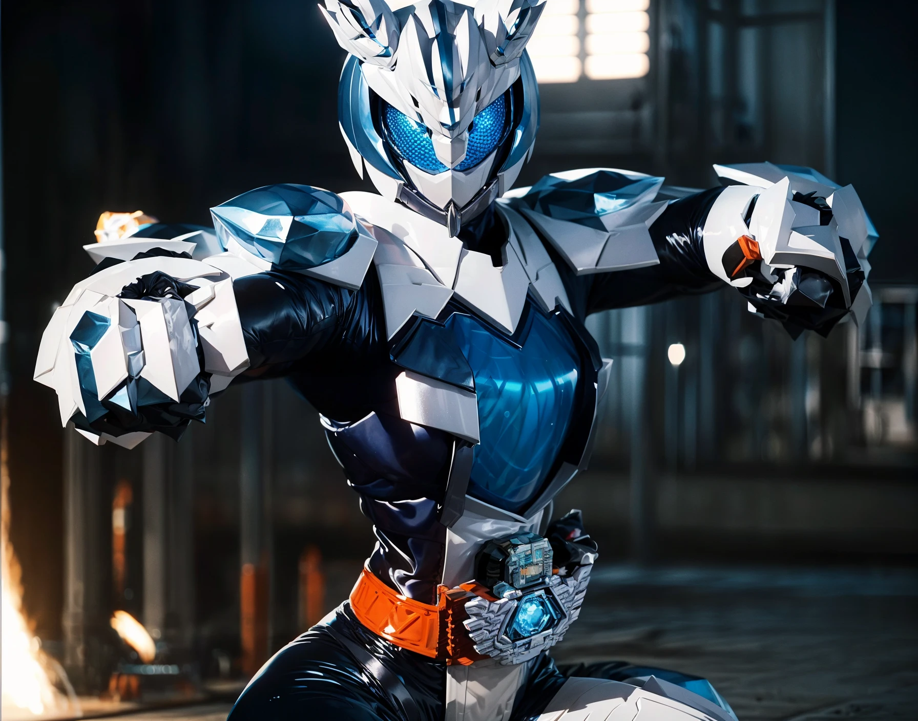 majademc, solo, 1girl,  upper body, female focus, from side,(perfect female body,large breasts, narrow waist, wide hips,thighs), tokusatsu, kamen rider, helmet, rider belt, blue eyes, compound eyes,skin tight blue bodysuit, pelvic curtain, white armor, blue breastplate, crystal, cerberus, boots, claw \(weapon\), claws, gauntlets, dynamic pose, fighting stance, closed fists,punching,rapid punches,energy punches,simple background, glowing background,  <lora:majademc:0.75>, hdr,bokeh,depth of field,glowing eyes,motion blur, looking at viewer,