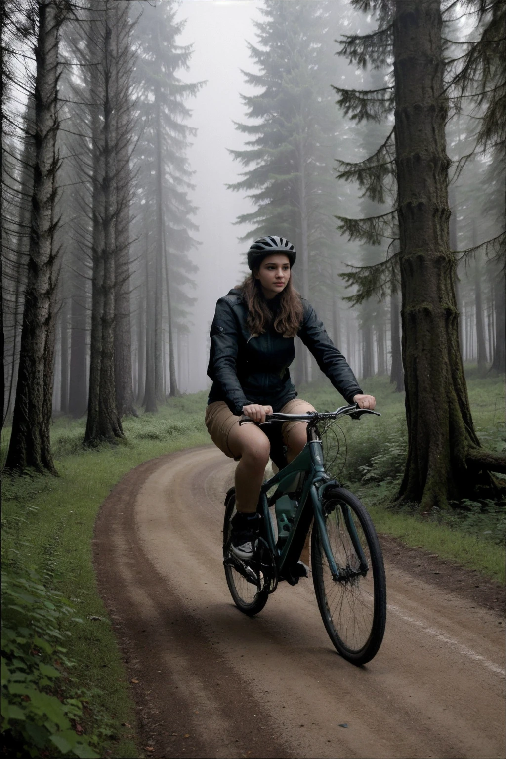 <lora:l1sav1car1_ot_v1:0.9>,l1sav1car1 riding a bike through a foggy forest on a bike path in the woods, with trees in the background, Elina Karimova, promotional image, a poster, symbolism