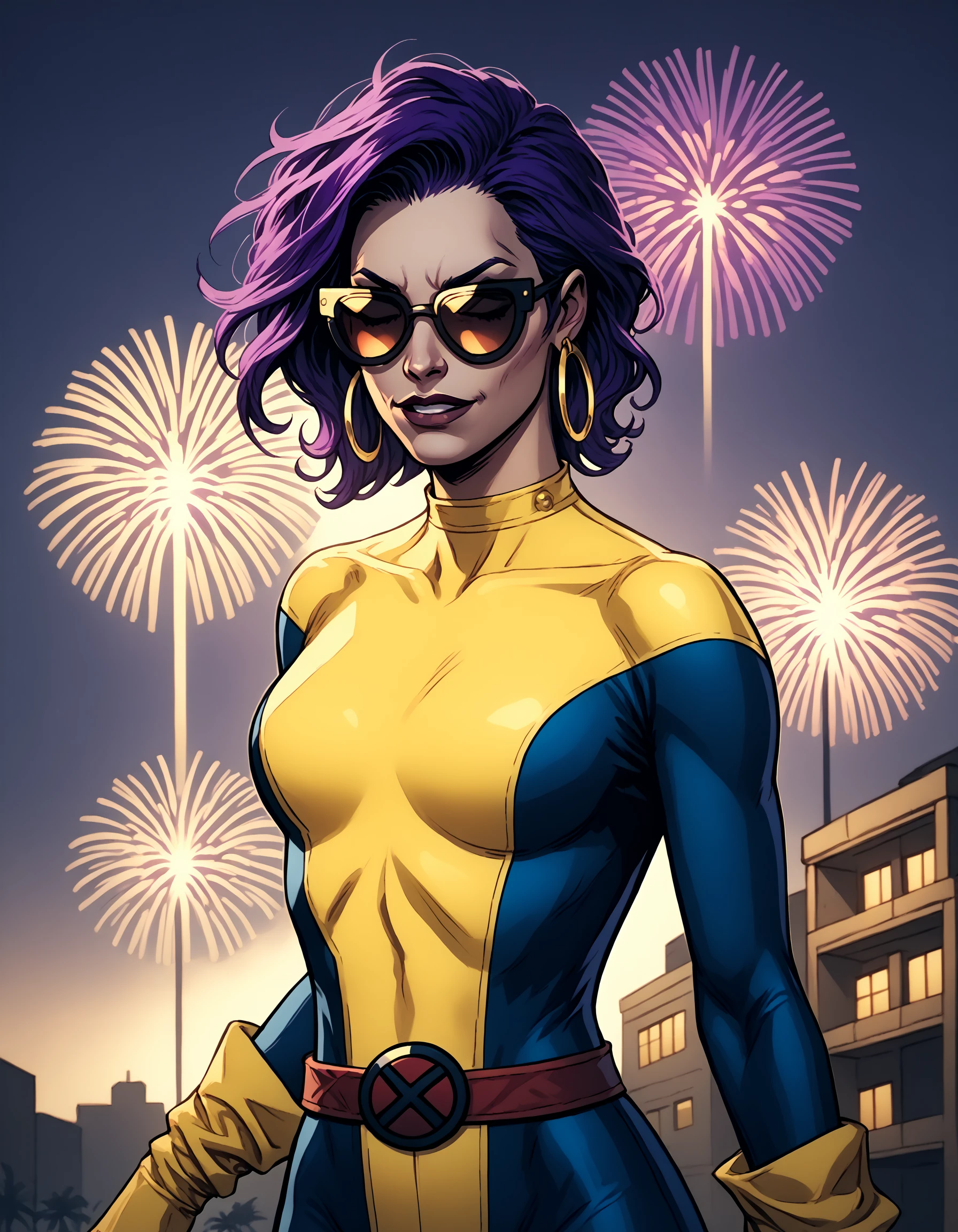 xmblzxl, 1girl, solo, earrings, jewelry, sunglasses, superhero, bodysuit, fireworks, (Jubilee, X-men), purple hair, hoop earrings, belt, two tone bodysuit, yellow bodysuit, blue bodysuit PnyCmicXLPOS, <lora:XmenBluPnyXL:0.85>