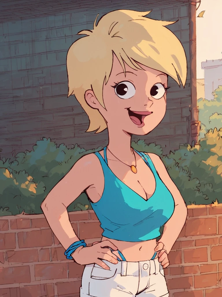 <lora:JessicaPony1.0:1> jessica, blonde hair, 1girl, short hair, solo, necklace, breasts, cleavage, midriff, blue tank top, white shorts, open mouth,smile, bracelet,looking at viewer, hands on own hips,outdoors, score_9, score_8_up, score_7_up, score_6_up