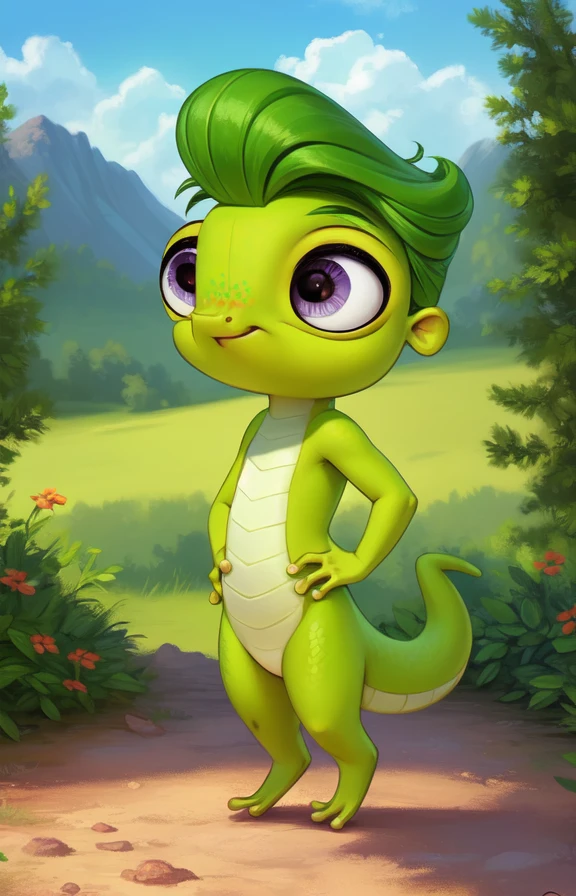 <lora:VinnieTerrioCartoon:0.85> [road, earth, forest, trees, sky, clouds, mountains,]  VinnieTerrioCartoon, Gecko,  green gecko,   purple-gray eyes,
solo,  looking at viewer, to his full height,  (beautiful, aesthetic, perfect, delicate, intricate, masterpiece, )   chibi,  ((scales,)) (Hands on hips, standing,)
by ulitochka, by taran fiddler, by Silverfox5213, by personalami,