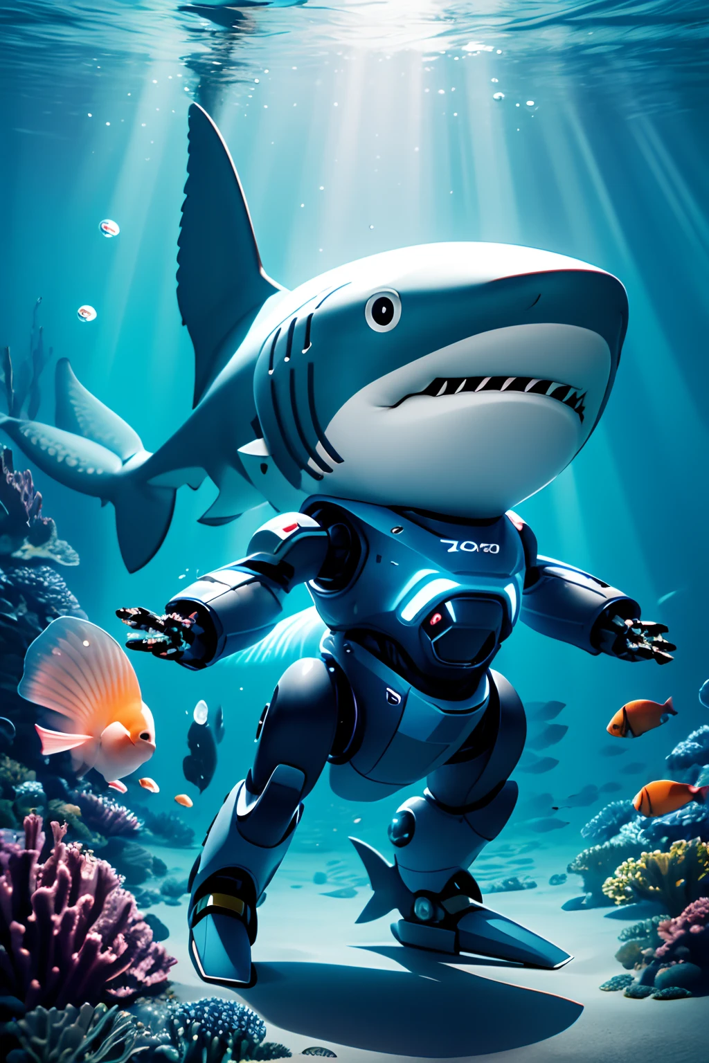 robotzoo, shark mecha, cute,  standing, glowing, looking at viewer, solo, full body <lora:ç»å¨æºç²å¨ç©å­robotzoo_v1.0:0.75>,underwater, (Bubble:1.2)ï¼shoal of fish