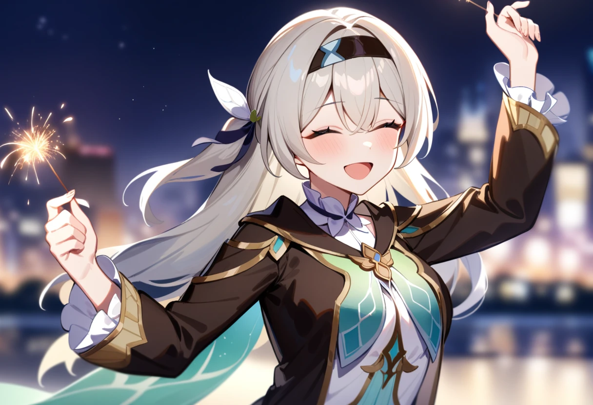 a girl named liuying,liuying,1girl,solo,outdoors,blurry background,upper body,holding,open mouth,black jacket,white shirt,high quality,sparkler,spread arms,city lights,night sky,:d,masterpiece,best quality,(very aesthetic:1.2),absurdres,<lora:æµè¤a31:1>,grey hair,<lora:Fixhands_anime_bdsqlsz_V1:1.01>,watercolor \(medium\),