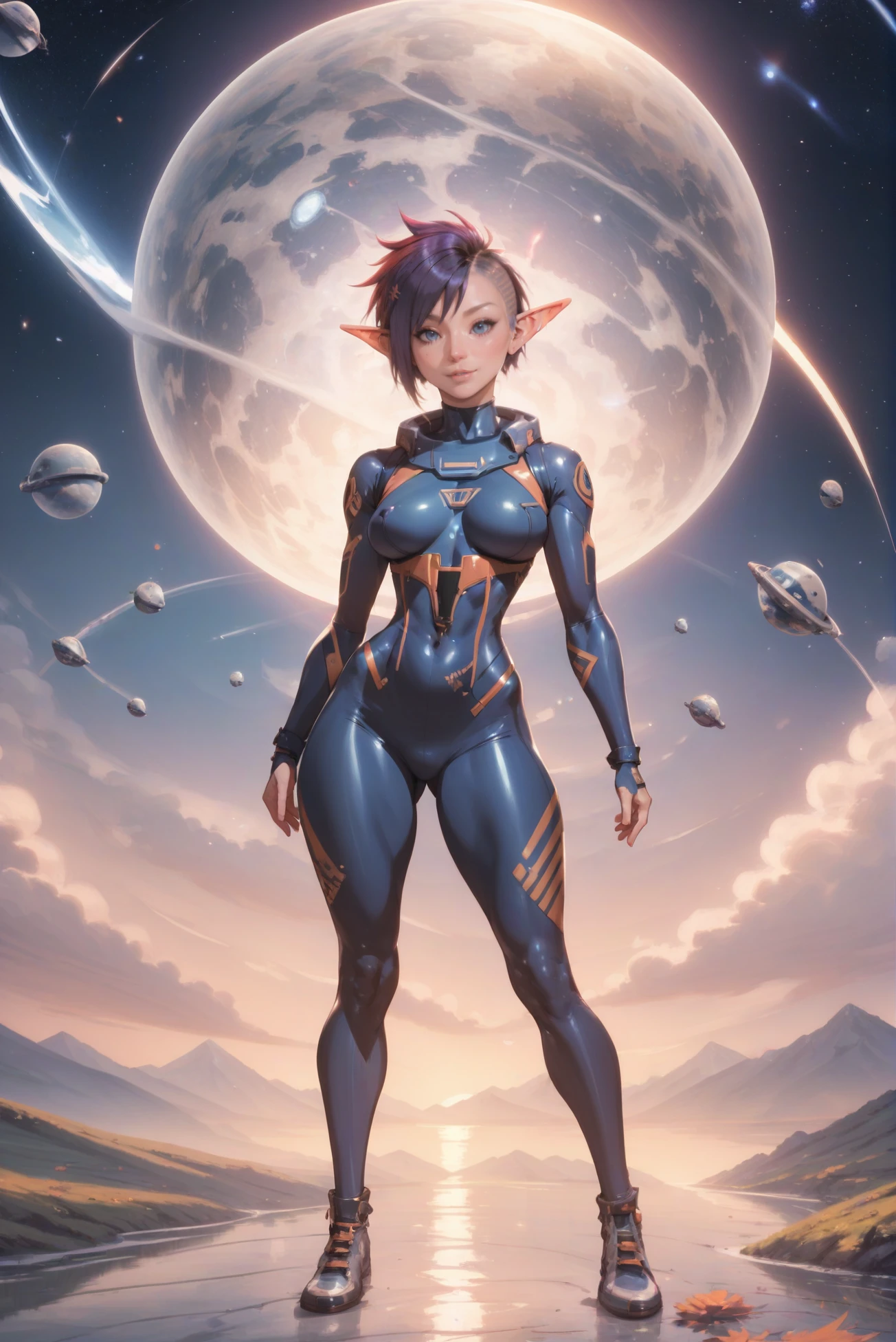 source_anime, score_9, score_8_up, score_7_up, anime style, rating_safe, 1girl, woman, scifi, rocketpunk, elf, netrunner, full body, wearing skin-tight space suit, bombshell hair, reflective color:linen hair, bob cut, athletic hourglass figure, caucasian, mountainside,idyllic fantasy hamlet in a Shadow Realm<lora:ponybeauty2:1>