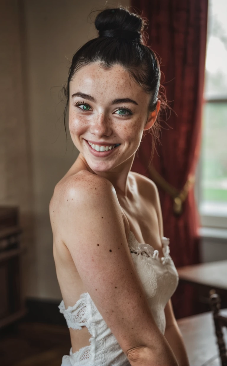 Full Body Shot, Close Up, Imperfect, beautiful lady,(freckles:0.9), romantic smile, detailed green eyes, detailed iris, black hair in a bun, hyperdetailed photography, soft light, modeling in a mansion, <lora:eroticsliderXL_final-prune-fp16:1>