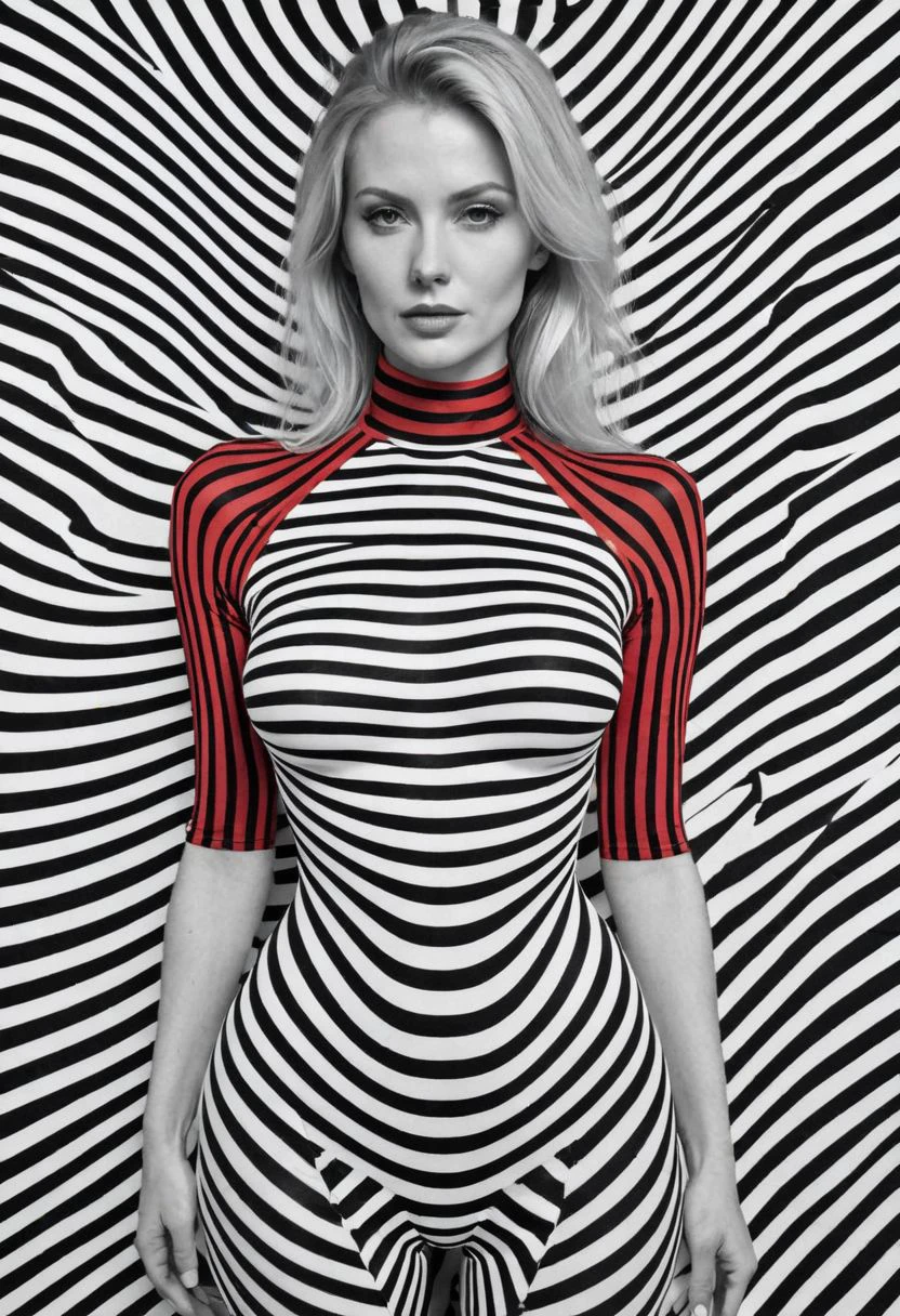 bw-grig, busty Slender blonde woman dressed in a skintight vibrant red bodysuit made of emphasis lines, black white, bold lines, shirt, minimalism, monochrome, Portrait Made of fine lines with 3d effect, emphasis effect