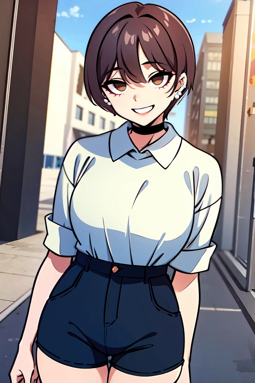 <lora:Ha-Rin-08:0.8>, EBHa-Rin, 1girl, solo, looking at viewer, smile, short hair, medium breasts, brown hair, brown eyes, jewelry, earrings, choker, grin, black choker, piercing, ear piercing, empty eyes, stud earrings, thighs, thick thighs, looking at viewer, dress, shirt, white shirt, sleeves rolled up, leaning forward, arms behind back, outdoors, street, city, short, short shorts, blue short