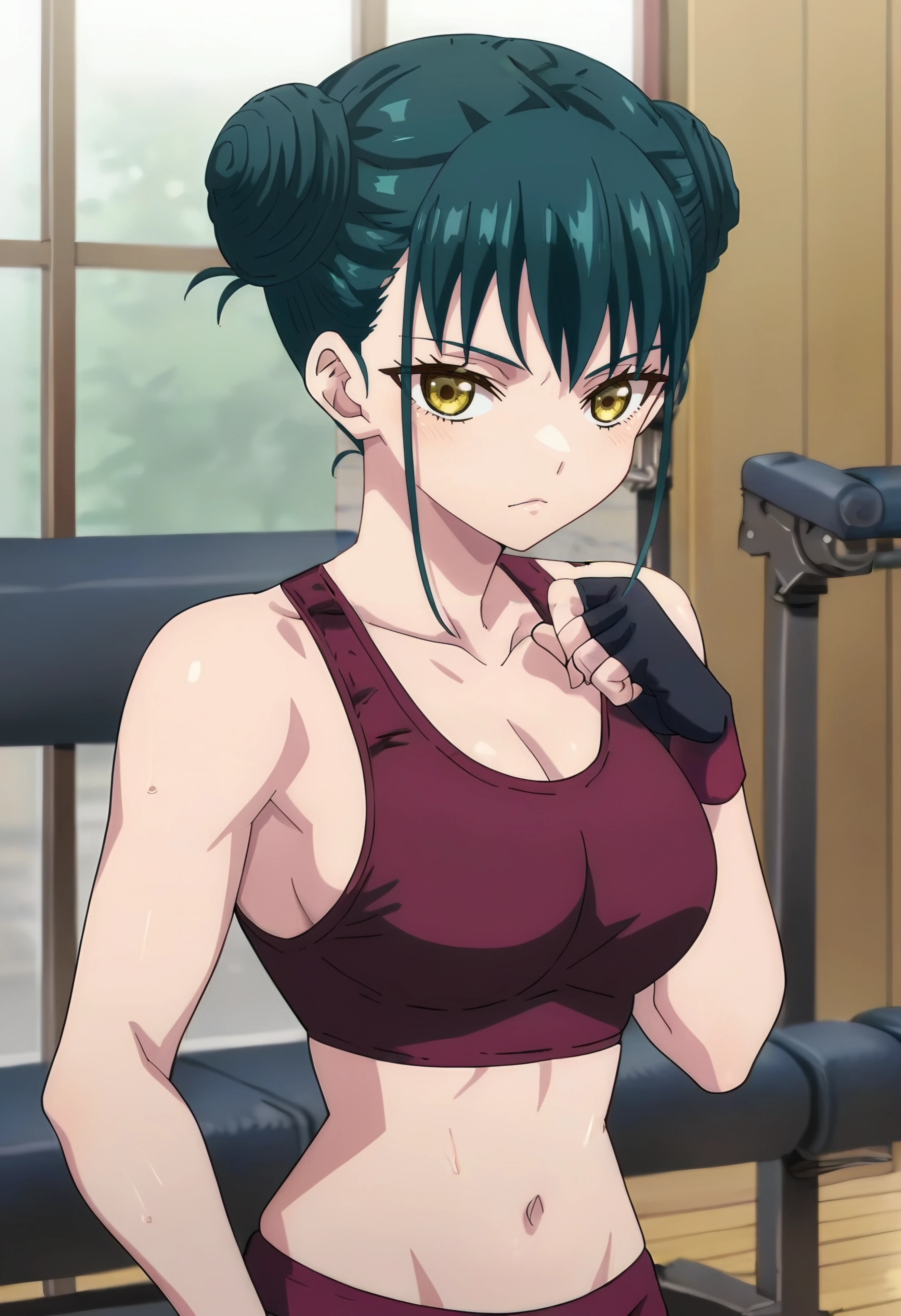 <lora:Yachiho Azuma:1> yachiho azuma, 1girl, solo, short_hair, bangs, cleavage, yellow_eyes,  green_hair, black_gloves, indoors, fingerless_gloves, hair_bun, double_bun, sports_bra, gym, looking at viewer, score_9, score_8_up, score_7_up, score_6_up, score_5_up, score_4_up , anime coloring ,BREAK source_anime, anime