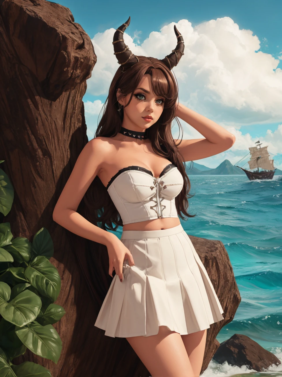 full body, highres, 8k, eyeliner, eyeshadow, makeup, dr3ss, white bustier, zippers, (cross-laced skirt), strapless,  <lora:Outfit_soph-BodyconLacedCorsetSkirt:0.6>,hud_hrnd_wg, long brown wig, horns, <lora:hornedwig-000014:0.6>, neverland: A lost island where children can stay forever young