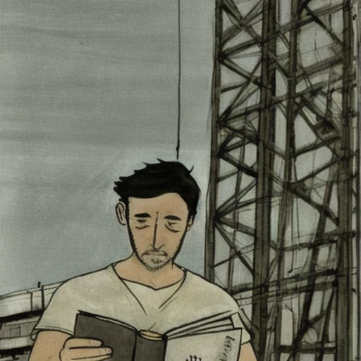 a man is reading a book at top of a crane