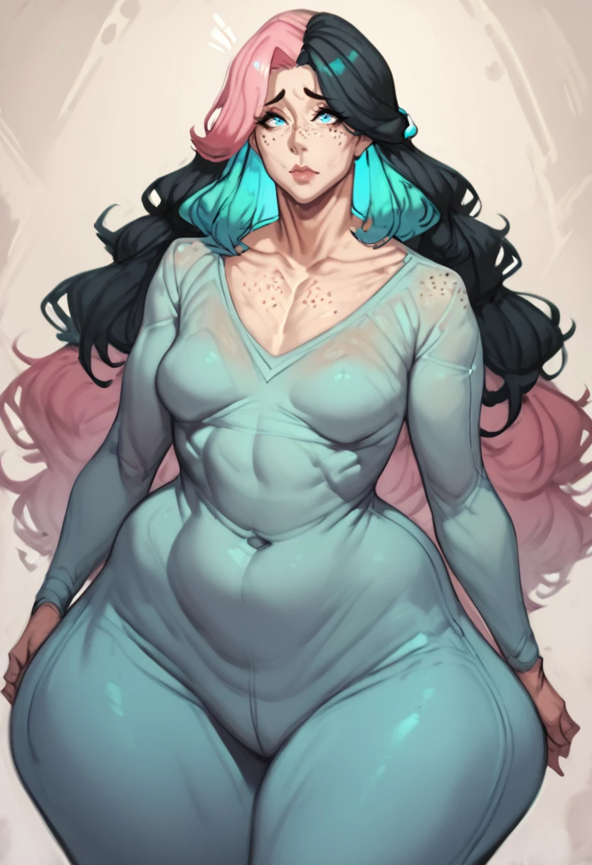 score_9, score_8_up, score_7_up, score_6_up, BREAK
<lora:PulenKompot-Metal_Owl Style-PonyXL:1> metal-owl, <lora:PulenKompot-TsvetnaXL:1> tsvetna, 1girl, mature female, milf, long hair, multicolored hair, black hair, pink hair, cyan hair, blue eyes, curvy, small breasts, thick thighs, wide hips, body freckles, freckles