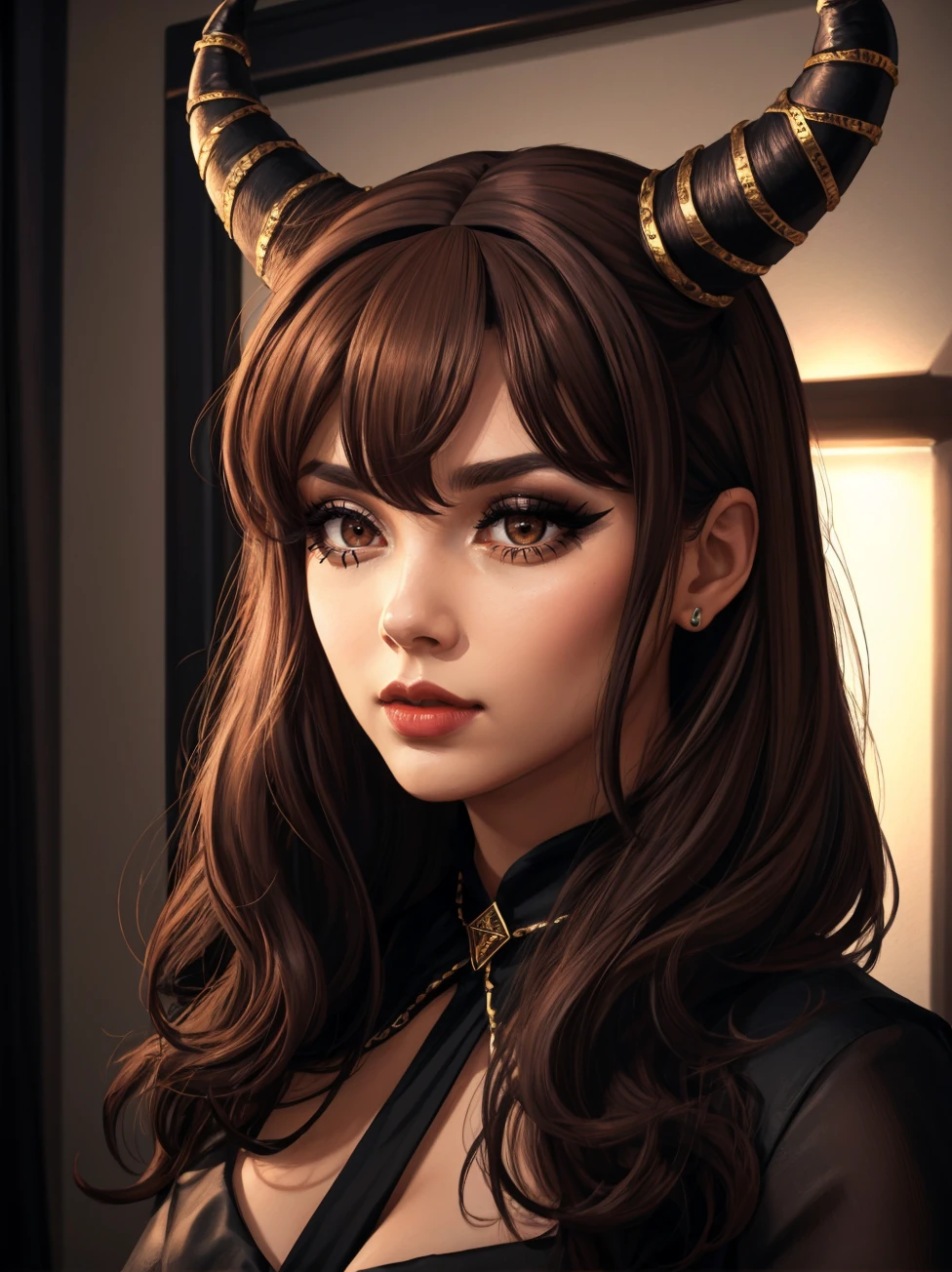 portrait, highres, 8k, eyeliner, eyeshadow, makeup, black dress,  hud_hrnd_wg, long brown wig, horns, <lora:hornedwig-000014:0.6>