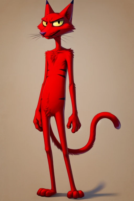 male, solo, katz \(courage the cowardly dog\), anthro, feline, whiskers, red fur, long tail, cat tail, striped back, eyeliner, eyeshadow, eye bags, full-length portrait, null, crotch tuft, yellow sclera, slit eyes, looking at viewer, front view, casual, handsome, masculine, slim, thin legs, standing, bent legs, leaning, fewer digits, 4 fingers, 3 toes, masterpiece, extreme detail, simple background, chest tuft, elbow tuft