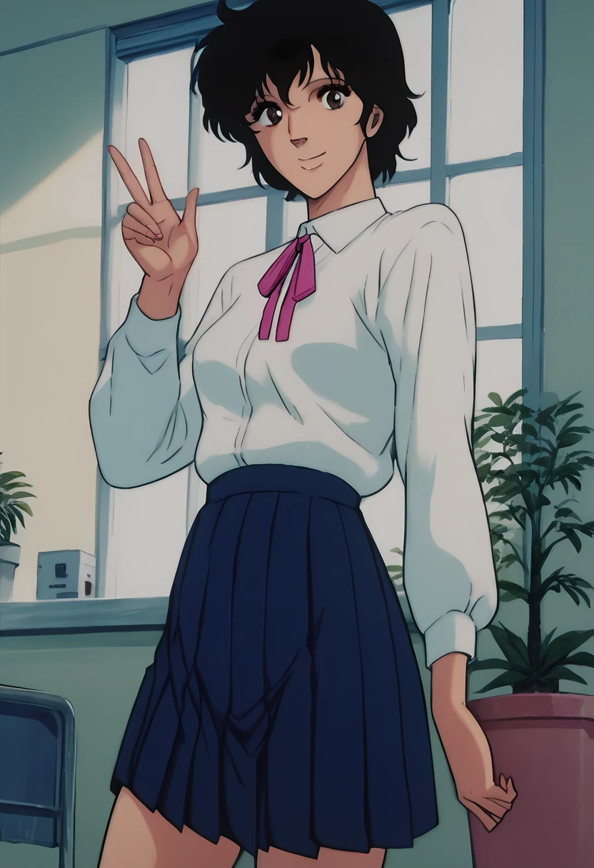 score_9, score_8_up, score_7_up, score_6_up, score_5_up, score_4_up, BREAK source_anime, 1girl, fa1_k1s, blue_school_uniform_white_shirt_pink_ribbon, smile, indoors, potted plant, window, sunlight, looking at viewer, dutch angle, v-sign, (retro artstyle:0.5)