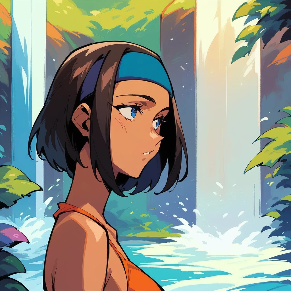 score_9, score_8_up, score_7_up,  m4k0t0v1,1girl,solo,blue headband,short hair,dark blue eyes, orange bikini,dark blue eyes,waterfall,siting,looking to the right  <lora:m4k0t0v1_synthetic_v2:0.7>