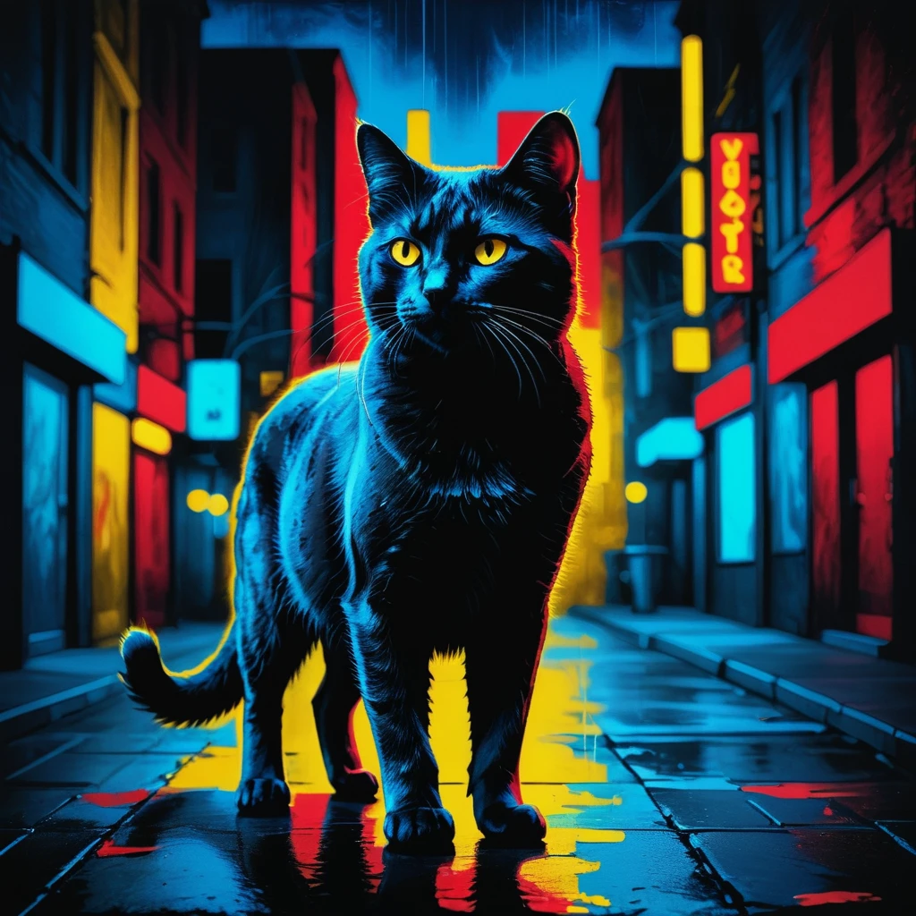 vbntnr cat in the dark city red yellow and blue full body <lora:Vibrant_Noir_2-000018:1>